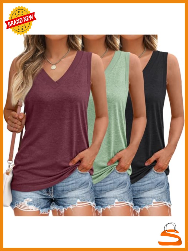 3 Pack Sleeveless V Neck Tank Tops Loose Fit Flowy Summer Shirts